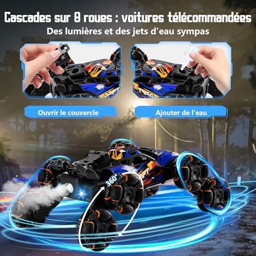 Aragallant Voiture Télécommandée, 8WD RC Stunt Car, 360 ° Rotation Capteur Gestuel Voiture télécommandée avec Musique Lumière et Spray, Jouet Cadeaux pour Enfant Garçon Fille 3+ Ans
