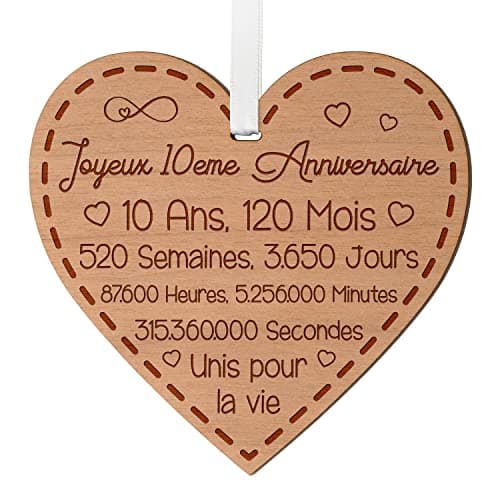Cadeau Anniversaire De Mariage 10 Ans - Idée Cadeau Souvenir Anniversaire De Mariage Pour Femme En Bois - Cadeau Cœur Gravé Souvenir 10 Ans De Mariage Homme Et Femme