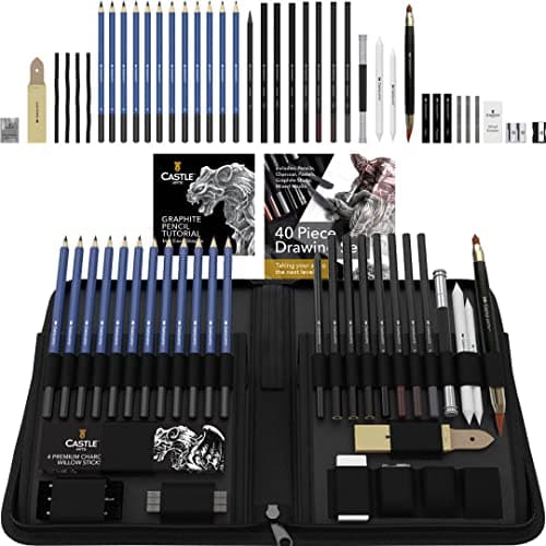 Castle Art Supplies Set de 40 Pièces pour Dessin et Croquis avec Tutoriel | Pour Artistes, Professionnels ou Débutants | Crayons, Fusains, Graphites et Plus | Étui de Transport Zippé Soigné