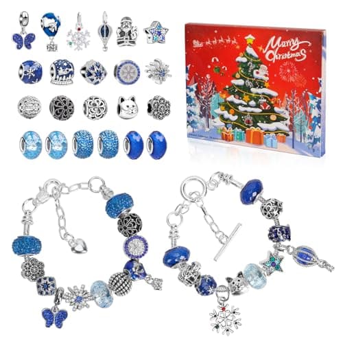 Calendrier de l'avent Bijoux, Calendrier de l'Avent 2024 Enfant Fille, DIY Calendrier de Noël Charms Bracelet Kit Fabrication Creation, Calendrier de l'avent Enfant, Cadeaux de Noël 5-13 Ans, Bleu