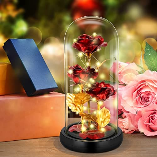 Rose Eternelle, Cadeau Saint Valentin Femme, Rose Eternelle avec LED Dans un Dôme en Verre, Cadeaux pour les Femmes,Maman, Grand-mère,Amie