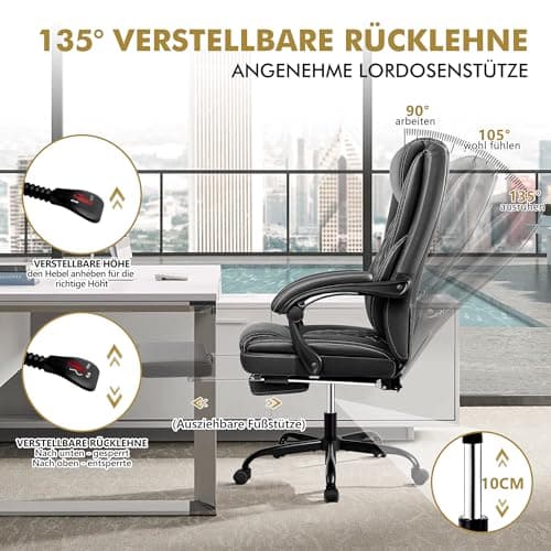 BestEra Chaise de bureau, grande et haute, avec repose-pieds, ergonomique, en cuir, avec dossier réglable et support lombaire (noir)