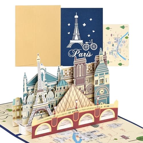 joyoldelf Carte Voeux de Voyage Pop Up - Carte Anniversaire 3D, Carte Retraite, Cadeau Voyage Vacances, Billet Avion, Convient Aux Hommes, Femmes, Amis, Voyage, Lune De Miel(Tour de Paris)