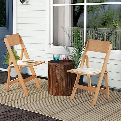 KAIHAOWIN Chaise Pliante en Bois, Chaise de Jardin avec Siège en PU Coussin, Chaise en Bois Naturel en Hêtre Naturel, Chaise Pliante en Bois pour Jardin, Balcon, Camping, Intérieur ou Extérieur