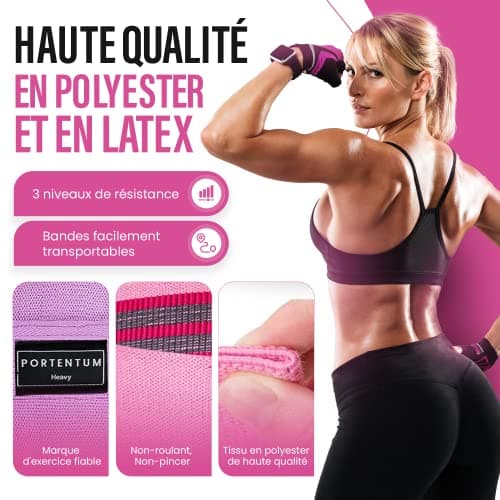 PORTENTUM Elastique Musculation Lot de 3 Bandes Elastiques de Fitness antidérapantes en Tissu, 3 Niveaux de résistance pour Crossfit, Yoga, fessiers et Autres Sports et Sac de Rangement