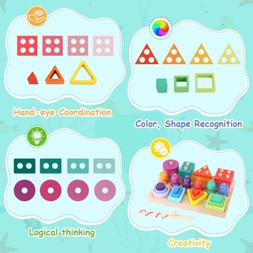 TNOMSNO Juguetes Educativos Montessori, Jeux Montessori, 3 en 1 Jeux Montessori 1 an, Jeu Montessori 2 3 4 Ans, Jouets à empiler et de tri, Jouet en Bois pour Cadeau Fille Garcon Bébés 2 3 4 Ans