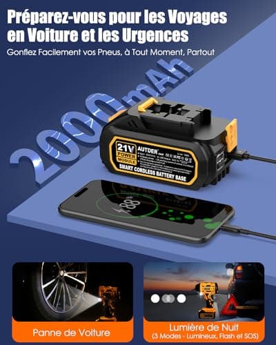 AUTDER Compresseur à Air Portatif, Gonfleur Pneus Voiture, Max 180 PSI/12.4 Bar, Compresseur Voiture sans Fil avec Batterie 21V et 12V DC, pour Voitures, Vélos, Motos, Ballons, Jaune