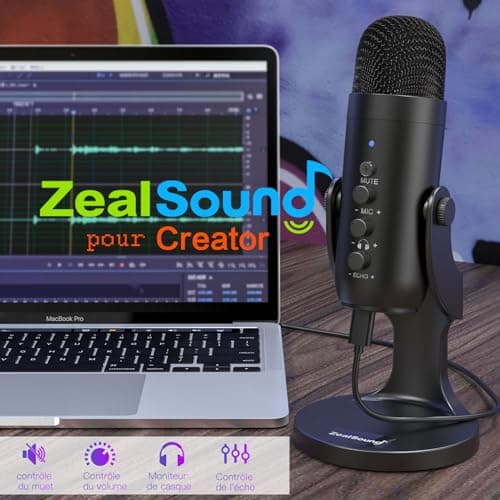 zealsound USB Microphone à Condensateur, Micro Gaming pour PC Phone Ordinateur Portable et PS4&5, avec Muet/Écho/Réduction du Bruit, pour Streaming, Enregistrement,Vocal,Podcast,Twitch, ASMR,K66 Noir