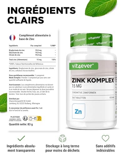 Complexe Zinc 15mg - 365 Comprimés - Avec 3 formes bioactives de zinc (bisglycinate de zinc, gluconate de zinc, citrate de zinc) - 1 an d'approvisionnement - Hautement dosé - Vegan