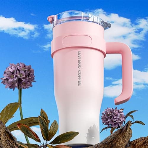 DAYMOO Mug isotherme avec paille et Poignée, Gobelet avec Paille et Couvercle, Tasse Thermos en Acier Inoxydable, Thermos Café Mug avec Couvercle, asse de Voyage Chaud ou Froid - 1.2 L, Rose Blanc