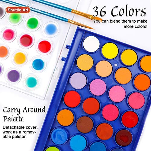 Shuttle Art Aquarelle Peinture, 36 Couleurs Set de Peinture Aquarelle avec 6 Pinceaux et 1 Bloc Aquarelle, Aquarelle Palette Parfait pour Enfant et Débutant pour Peinture et Loisirs Créatifs