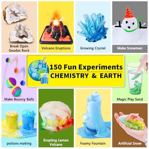 UNGLINGA 150 Expériences Scientifique pour Enfants, Activités Laboratoire de Chimie et Kit, Kits Éducatifs et Jeux Science, Idées de Cadeaux d'anniversaire pour Garçons et Filles, Éruptions Volcanique
