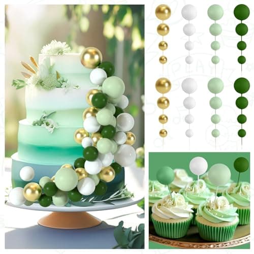 BOUBONI 48 Pièces Boules de Décoration de Gâteau Décorations de Cupcake en Ballon Boules de Gâteau pour Fête d'anniversaire Décoration de Gâteau d'Anniversaire(Vert, Vert Clair, Blanc, Or)