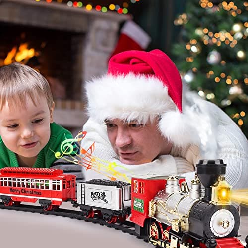 deAO Ensemble de Train Jouet pour Enfants avec phares, Effet de fumée, 4 Wagons et Rails pour NoëlChristmas Theme Classic Trainset - Superbe Accessoire pour Enfants et décoration de Noël