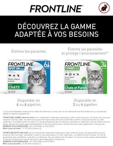 FRONTLINE Spot On Chat - Anti Puces, Tiques & Poux broyeurs - Protège L'Animal pendant 4 semaines contre les Puces, 2 semaines contre les Tiques - Fabriqué En France - 6 Pipettes Application Spot On