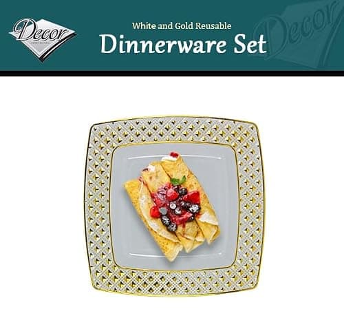 Decor Decorline - Ensemble Vaisselles d'assiettes Plastic Réutilisables de 40 pièces/Pour 20 Personnes - Collection Diamond - Oré - Assiettes Dîner & Entrée Dessert (20x25cm & 20x20cm)