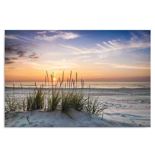 Feeby Impression sur Toile Intissé Mer Plage Herbe Nature 50x40 cm Image Moderne Tableau Déco Mural Salle De Séjour Coucher De Soleil multicolore