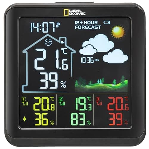 National Geographic Station Météo Couleur sans Fil avec Capteur Extérieur VA avec 4 Zones De Mesures pour Intérieur Ou Extérieur, Noir
