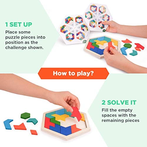 Coogam Puzzle en Bois pour Enfants - Forme hexagonale Motif Tetris Bloc Tangram Logic IQ Jeu STEM Montessori Casse-tête Jouet Cadeau pour Adolescents