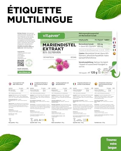 Extrait de chardon-Marie 180 gélules de 500 mg chacune - 80% de silymarine - 6 mois d'approvisionnement - Testé en laboratoire (teneur en ingrédients actifs et pureté) - Hautement dosé - Végétalien