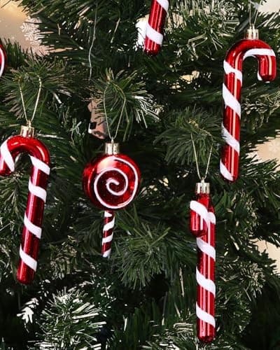 Bixury 12 pcs Canne en Bonbon Rouge et Blanc, Sapin de Noël en Forme de Canne à Sucre d'orge, Canne de Bonbons Plastique à Suspendre, pour décoration Sapin de Noël