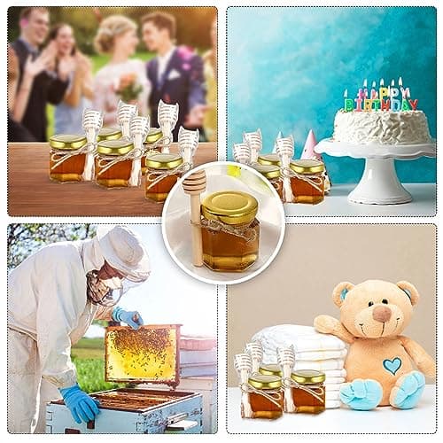 HO2 HOME PARIS® Lot de 50 mini pots à miel en verre avec couvercle, louches en bois, couvercles dorés, pendentifs abeille, jute,sacs cadeaux dorés/pots à miel cadeau invites mariage/kit apiculture