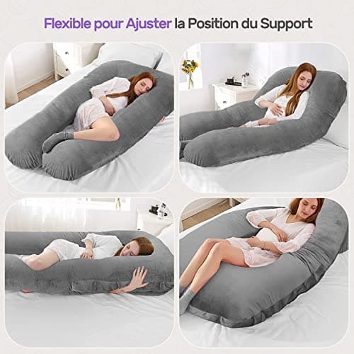 Nuliie Coussin de Grossesse pour Dormir, Oreiller de Corps Complet en Forme de U, Soutien pour Le Dos, Les Hanches et Les Jambes des Femmes Enceintes, avec Une Housse en Velours Lavable (Gris)