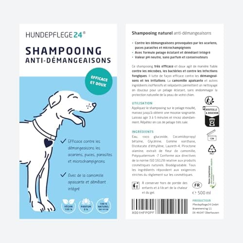 Hundepflege24 Shampooing Chien Antidémangeaison 500ml - Aide Contre Les démangeaisons, acariens, puces & infections fongiques - Shampooing Naturel pour Chien + Nettoyage et Soin antibactérien