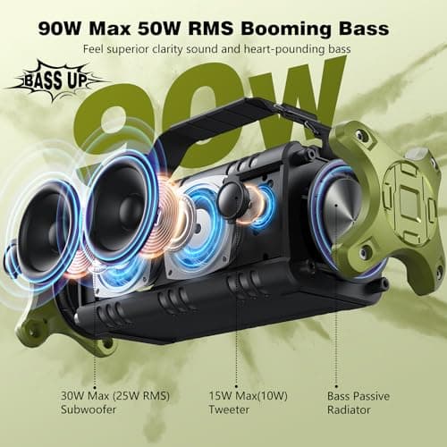 W-KING 90W Peak 50W RMS Enceinte Bluetooth Puissante, Grosse Haut Parleur Bluetooth Portable avec Basses Intenses/EQ, Enceinte San Fil Etanche IPX6/Powerbank/40H Lecture, Enceintes Exterieur NFC/TF