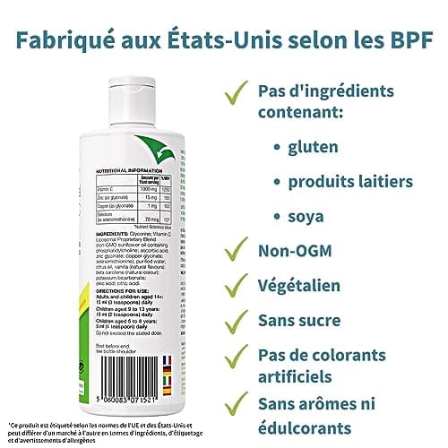Vitamine C Liposomale 1000 mg Liquide avec Zinc, Cuivre et Sélénium - Système Immunitaire & Réduction de la Fatigue - Goût d'agrumes et vanille, Adultes et Enfants, 30 – 90 portions
