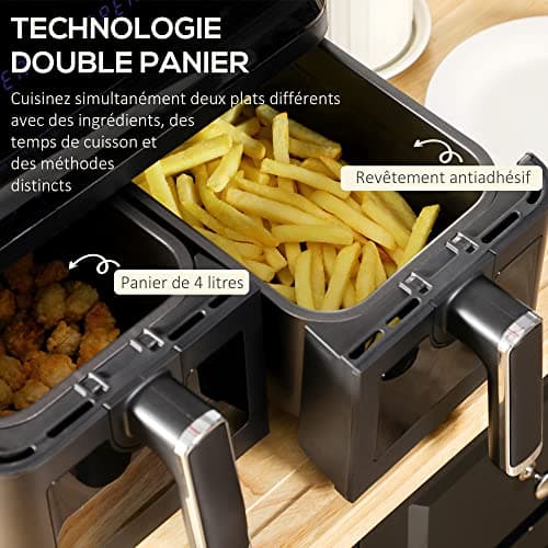HOMCOM Friteuse à air sans huile air fryer double compartiment 8 L - 2500 W - 8 programmes, écran LED, température réglable, minuterie - noir