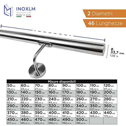 INOXLM Main Courante pour escalier en Acier Inoxydable AISI 304 ⌀ 33,7 mm, Rampe escalier Finition Satinée Fabriqué en Italie, Garde corps escalier pour Intérieur et Extérieur (300cm)