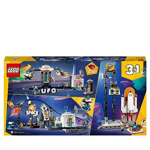 LEGO 31142 Creator Les Montagnes Russes de l’Espace, avec Tour de Chute Libre, Maquette de Manège, Jouet de Construction avec Fusée Spatiale, Planètes et Briques