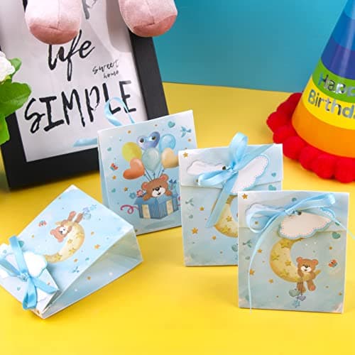 50Pcs Boîtes Baptême Cadeau Bonbonnière 8x4x10CM Sachets Mariage Ballotin Papier Coffret Faveur avec Ruban et Etiquette Cartes pour Décoration Anniversaire Garçon Fille(Bleu)