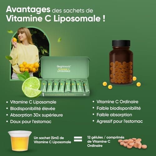 Vitamine C Liposomale 1000mg - 14 Sachets 5ml Vegan Goût Citron Vert Sans Sucre - Vitamine C Liquide Acide Ascorbique Haute Absorption & Dose - Vitamines Adultes Immunité, Antioxydant & Fatigue