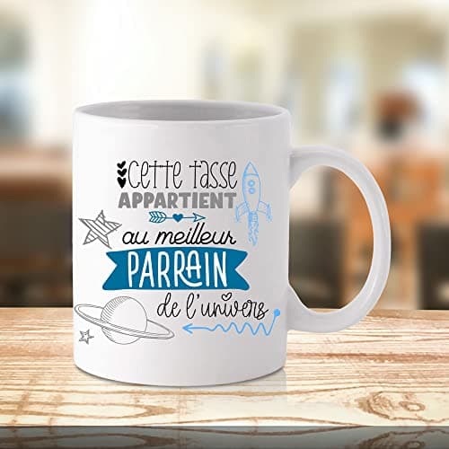 ÉNJA Création. Mug parrain. Parrain/Tasse – Le meilleur de l'univers - Futur parrain - Cadeau anniversaire, fête ou noël Cadeau original. Céramique haute qualité 11oz - 320 ML (PARRAIN)