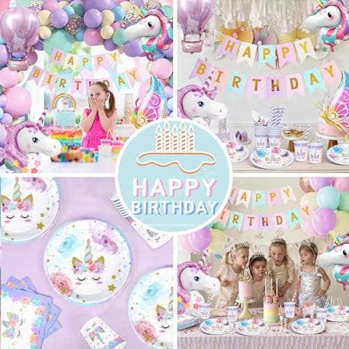 Decoration Anniversaire Licorne, 147 Pièces Assiettes Anniversaire Licorne Deco, Arche Ballon Banner Licorne Fille, Kit Anniversaire Licorne Assiettes Gobelets Serviettes Ballons pour Enfants Party