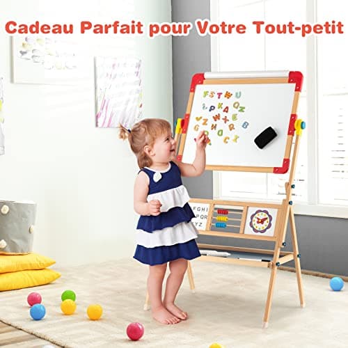 DREAMADE Chevalet d’Art pour Enfants, Chevalet en Bois Double Face Réglable avec Tableau Blanc Magnétique & Tableau Noir, Rouleau de Papier Bonus et Aimants en Lettres, Planche à Dessin Debout
