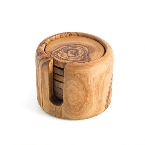DARIDO Ensemble de 6 sous Verre Rondin de Bois d'Olivier Rustiques avec Support - Faits à la Main - 8 cm - Rondins de Bois Déco - Dessous de Verre - Tranche Bois Décorative – sous Tasse de Bois