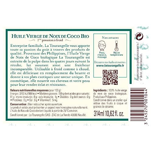 La Tourangelle, Huile Vierge de Noix de Coco 100% Bio de première pression à froid. Idéale en cuisine (donne un doux parfum exotique à vos recettes) et - 314ml (L'emballage peut varier)