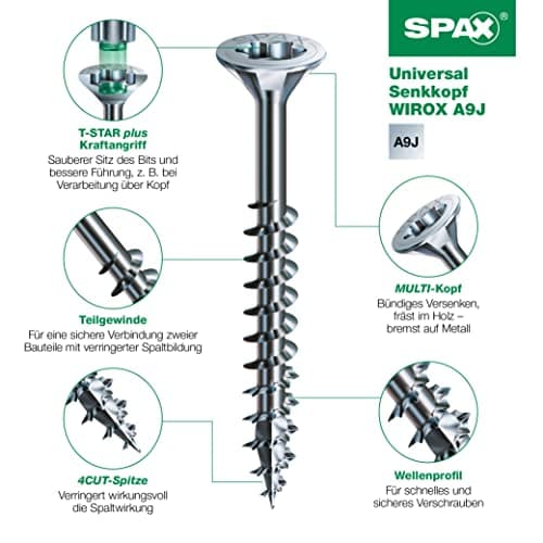 SPAX Vis universelle, 3,5 x 40 mm, 180 pièces, filetage partiel, tête fraisée, T-STAR plus T20, 4CUT, WIROX A9J - 8000000276699