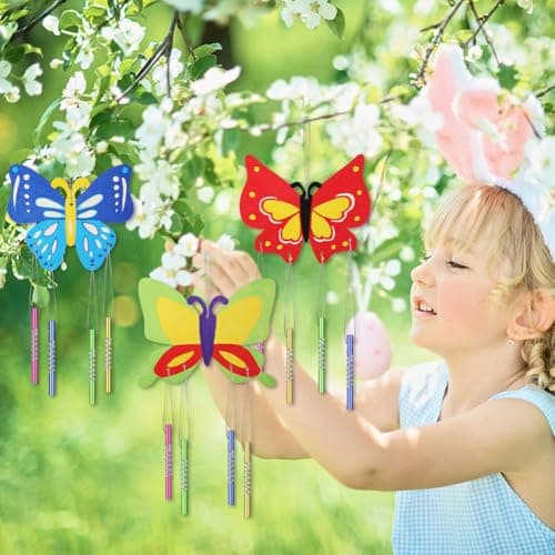 Ainiv 8 Pcs Kits Bricolage Papillon Carillon à Vent en Bois, Loisirs Créatifs pour Filles, DIY Artisanat pour Activité Manuelles Enfants, Décoration pour Jardin, Cadeau Anniversaire 4 5 6 7 8 9 10 Ans