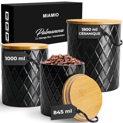 MIAMIO - Set de 3 boîtes de conserve pour le comptoir de cuisine, boîte de conserve en céramique avec couvercle en bois hermétique - parfait pour le café, le thé, le sucre, la farine, le thé (Noir)