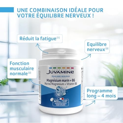 JUVAMINE - Magnésium Marin 300mg + Vitamine B6 - Fatigue - Stress - Equilibre nerveux - Bien être - Système nerveux - Format 4 Mois - 120 Comprimés - Fabriqué en France