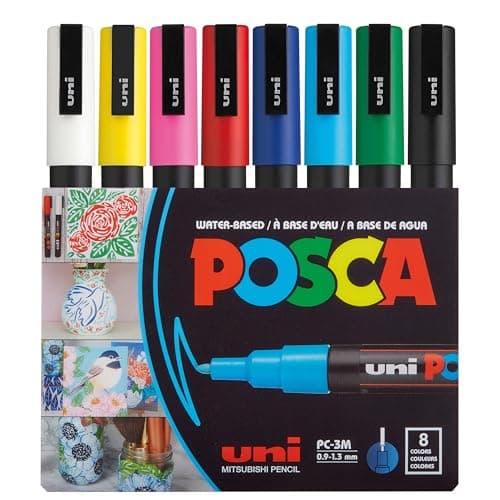 POSCA Mitsubishi Pencil - 8 Marqueurs PC3M - Pointe Conique Pointe Fine - Marqueurs Peinture à Base d'Eau - Tout Support - Pour Papier, Textile, Verre, Galet, Bois - Couleurs Classiques