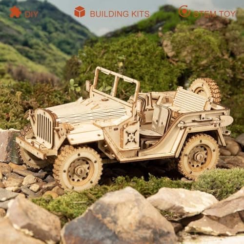 Robotime Armée Jeep Jouets de Voitures Kits de modèles de Puzzle 3D Artisanat de Construction mécanique de en Bois de d'individu pour des Enfants, Adolescents et des Adultes