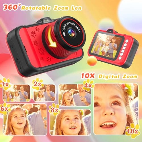 Appareil Photo Enfant, Ushining 3,5 Pouces Grand Écran 1080P Appareil Photo Numérique Enfant avec Objectif Zoom Rotatif à 360° Flash LED Carte de 32 Go, Caméra Vidéo Cadeau pour Enfants 3 à 12 Ans
