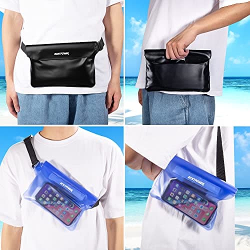 ECHTPower Sac étanche Etui Pochette Imperméable avec Sangle Réglable, Protéger Téléphone/Argent/Carte/Clé, Idéal pour Natation, Rafting, Kayak, Canotage, Camping, Pêche - 2 Pack (Bleu et Noir)