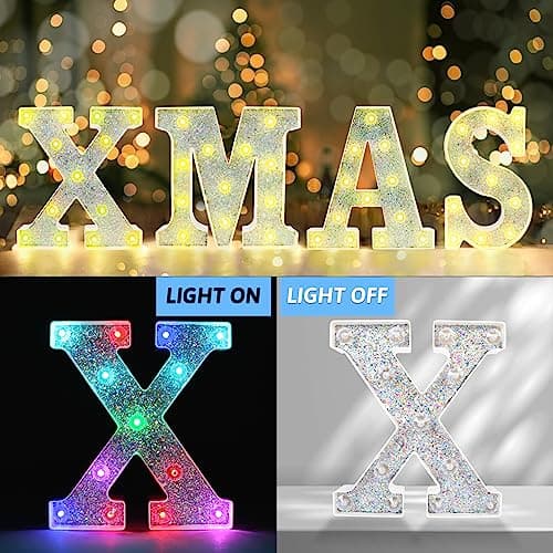 Beality Lettres Lumineuses LED 18 Couleurs Changeantes 26 Lettres de l'alphabet Brillantes à Paillettes Cadeaux Pour Filles et Femmes Anniversaire Noël Chambre à Coucher Fête Décoration (X)