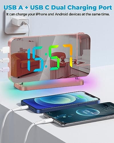 SZELAM Réveil à projection, 18,8 cm avec miroir LED, horloge numérique à projection sur mur de plafond, avec veilleuse RVB, port de charge USB C, gradation automatique, horloge de bureau moderne pour